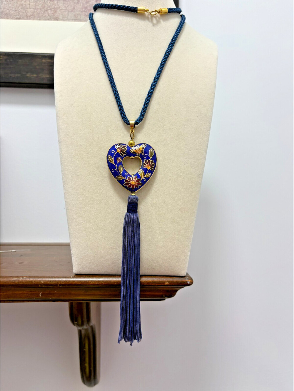 Vintage Cloisonne Enamel Blue Open Heart Pendant w/Tassel Flower Butterfly Cord